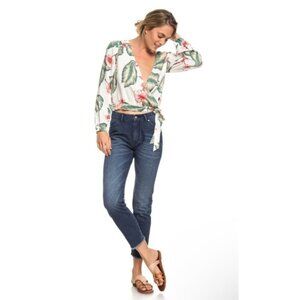 Roxy Crop Top XS Long Sleeve Wrap Floral Coquette Feminine Tropical Hawaiian